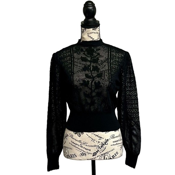 Zara Tops - Zara Womens Black Long Sleeve Open Knit Sheer Pullover High Neck Cropped M Boho